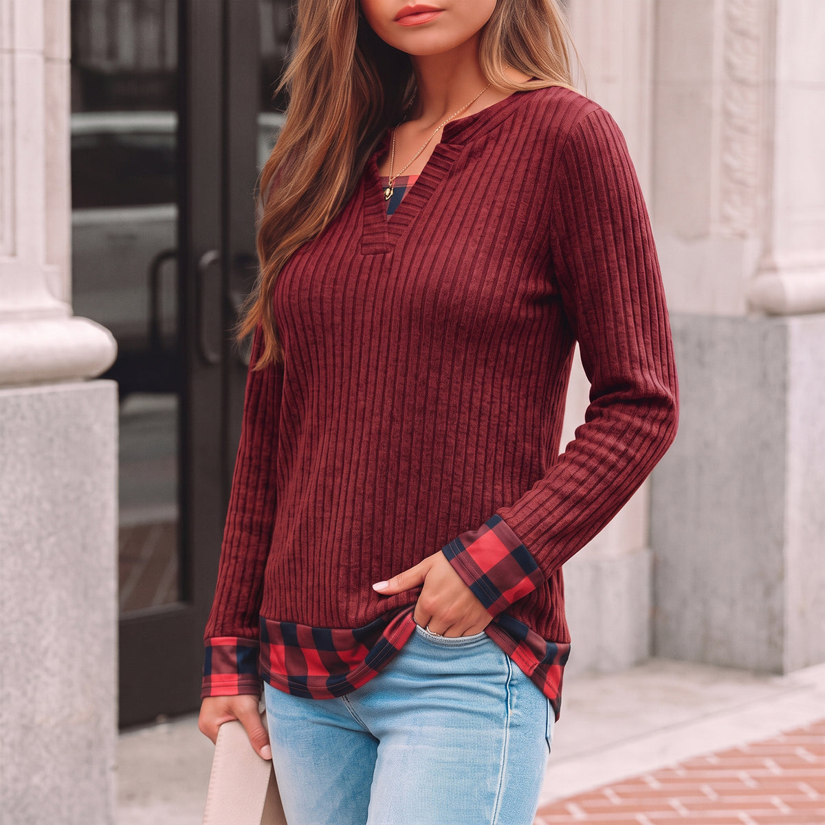 Long Sleeve Shirts for Women Casual V Neck Plaid Fake Two Piece Tops Lightweight Knit Tops Plus Size S-4XL