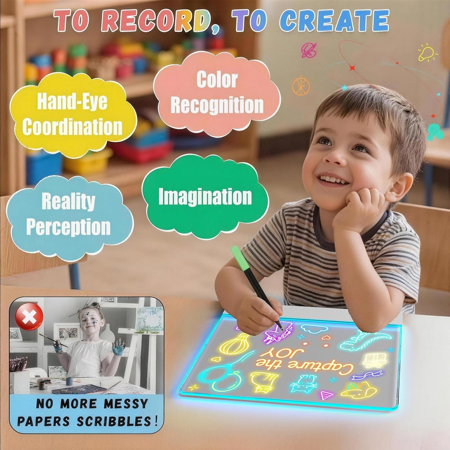 Flynow 16" Led Drawing Board for Kids Rechargeable, Portable Doodle Glow LED Note with 7 Colors, Light up Acrylic Dry Erase Lumi Stand, Easter Basket Stuffers Teen Boys & Birthday Gifts