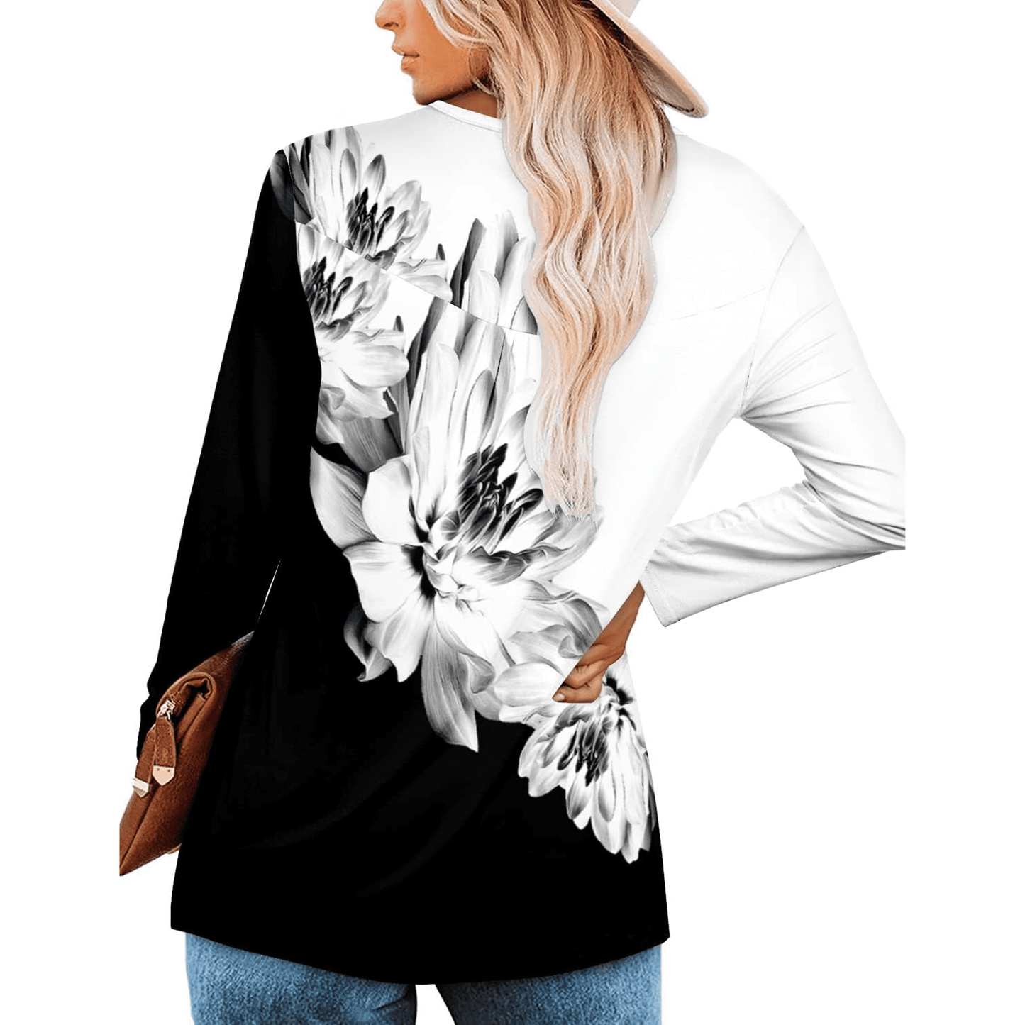 WQD Womens Long Sleeve Shirts Dressy Casual Floral Blouses Loose Tunic Tops for Fall Winter Spring (Available in Plus Size)