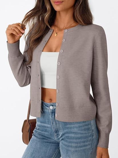 Cardigans for Women Lightweight Button Front Knit Cardigan Long Sleeve Crew Neck Casual Open Front Sweater Jacket for Spring Fall Winter