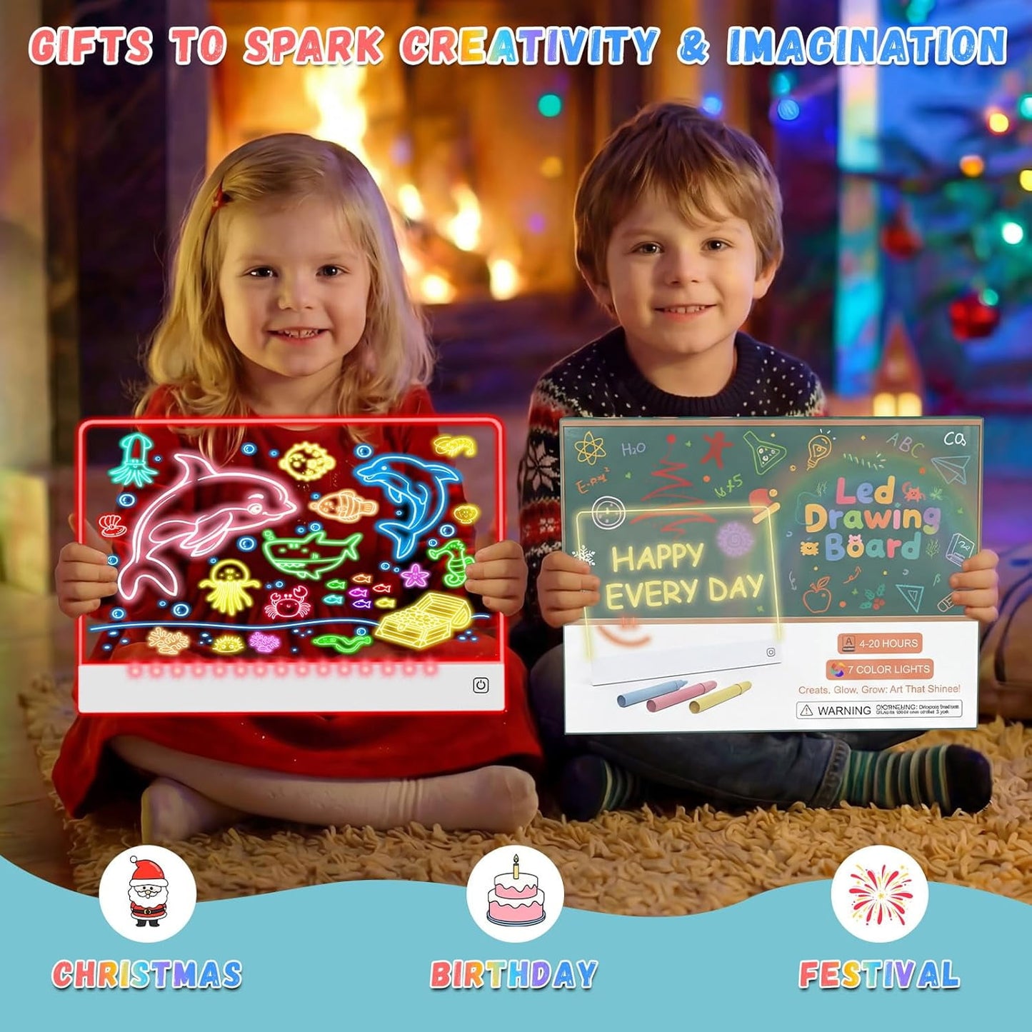 Flynow 16" Led Drawing Board for Kids Rechargeable, Portable Doodle Glow LED Note with 7 Colors, Light up Acrylic Dry Erase Lumi Stand, Easter Basket Stuffers Teen Boys & Birthday Gifts