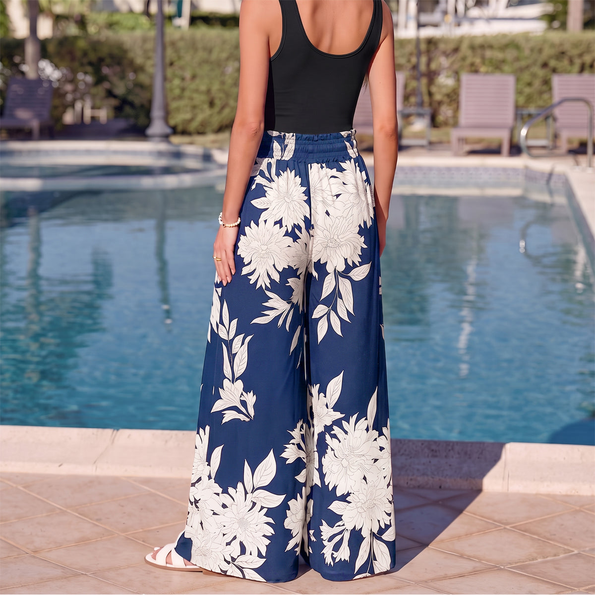 WQD Women's Wide Leg Pants Casual Elastic Waist Printed Palazzo Pants with Pockets Flowy Loose Trousers for Vacation Beach Travel