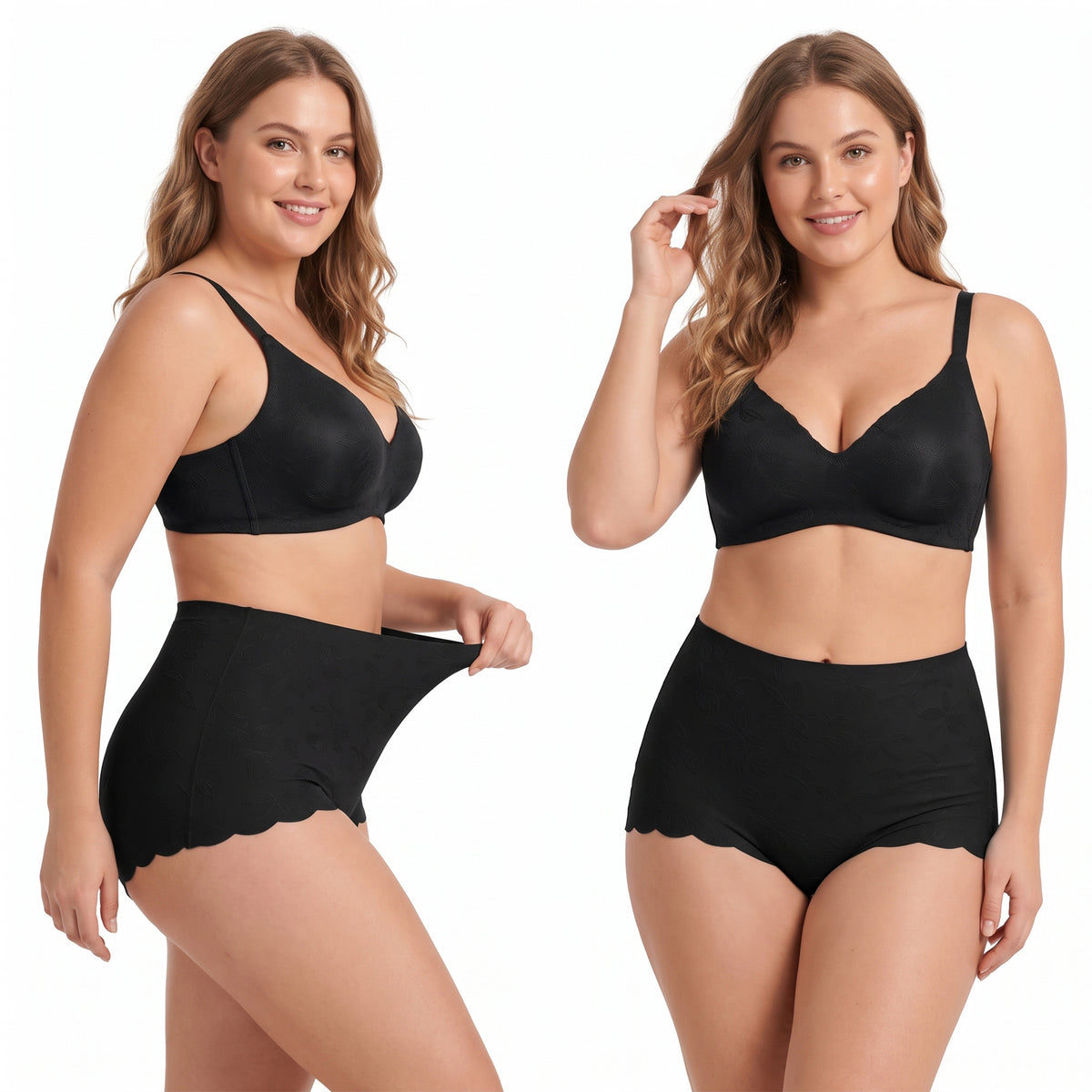 WQD 2 Pack Women's High Waisted Seamless Panties Tummy Control Full Coverage No Show Underwear Soft Stretch Breathable Invisible Briefs Floral Jacquard Everyday Panties M-4XL Plus Size