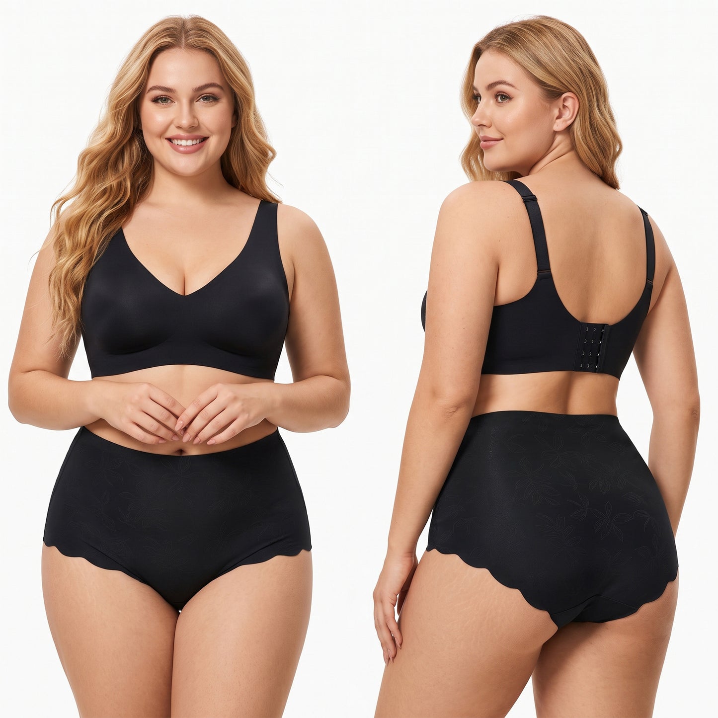 WQD 2 Pack Women's High Waisted Seamless Panties Tummy Control Full Coverage No Show Underwear Soft Stretch Breathable Invisible Briefs Floral Jacquard Everyday Panties M-4XL Plus Size