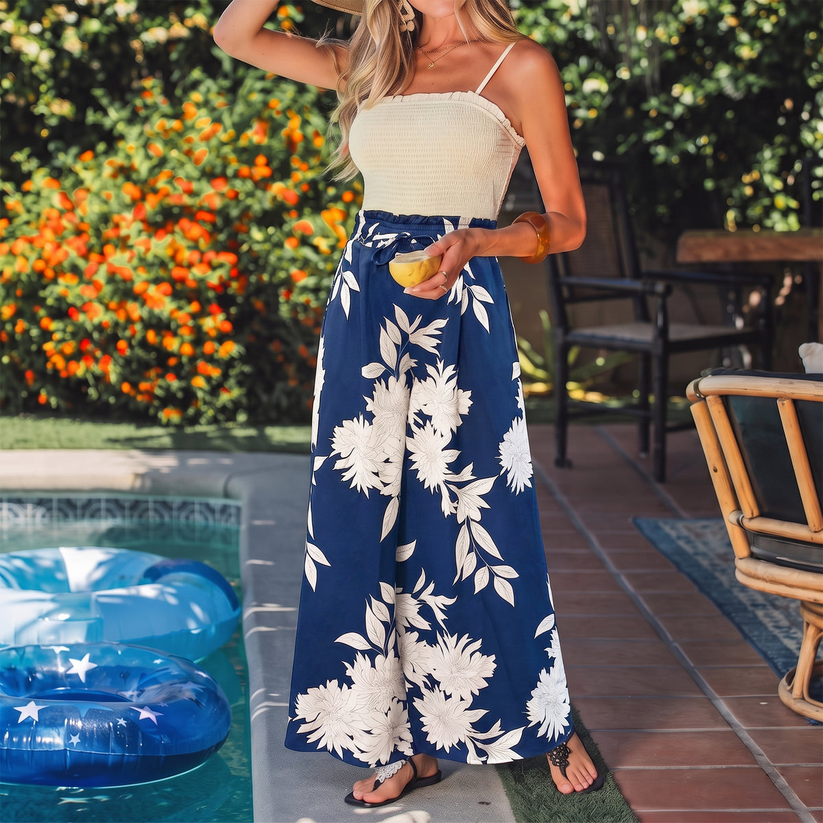 WQD Women's Wide Leg Pants Casual Elastic Waist Printed Palazzo Pants with Pockets Flowy Loose Trousers for Vacation Beach Travel