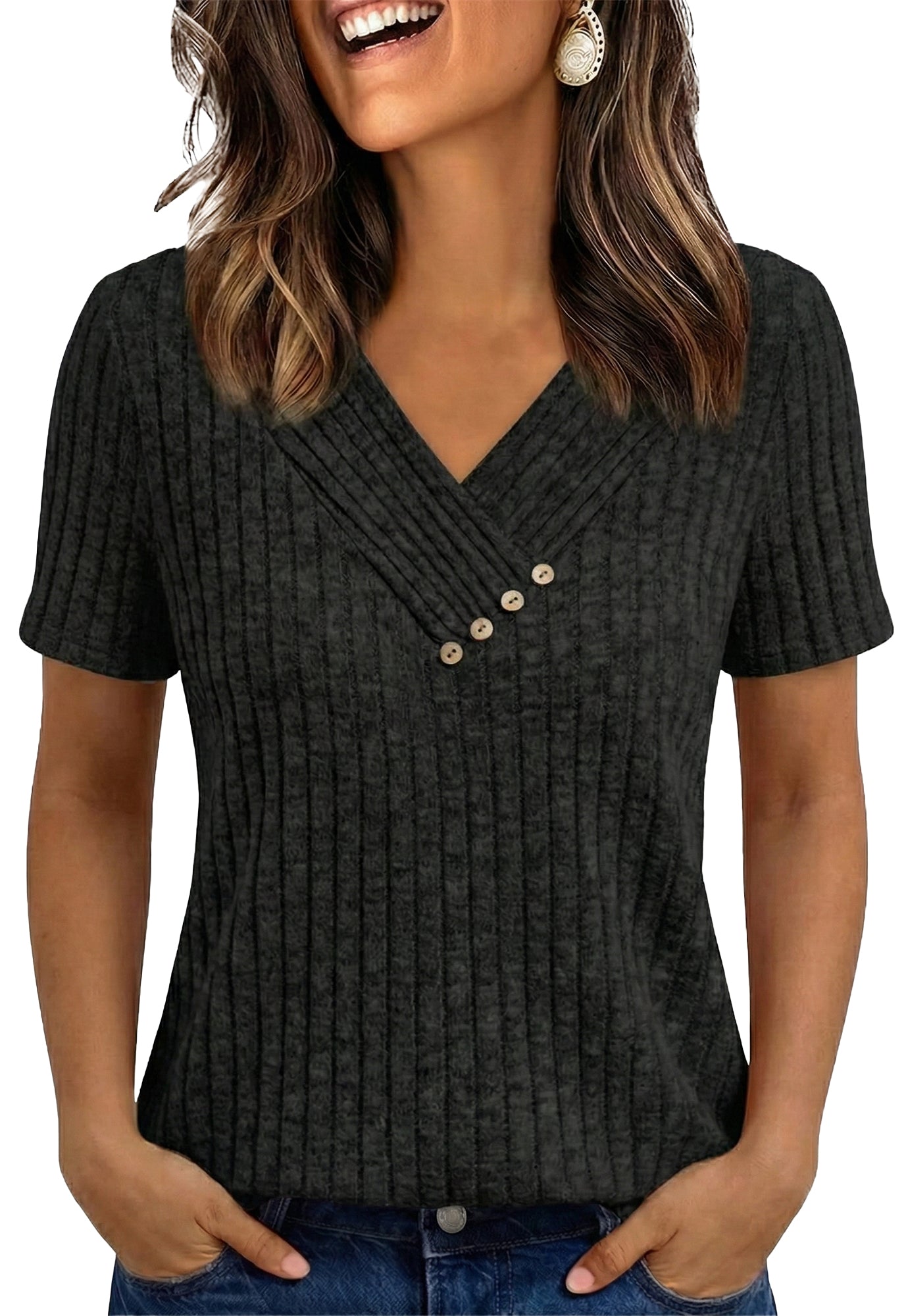 WQD Womens Summer Short Sleeve V Neck Tops Casual Tunic Shirts Button Detail Loose Fit T Shirts for Work Daily Wear Vacation