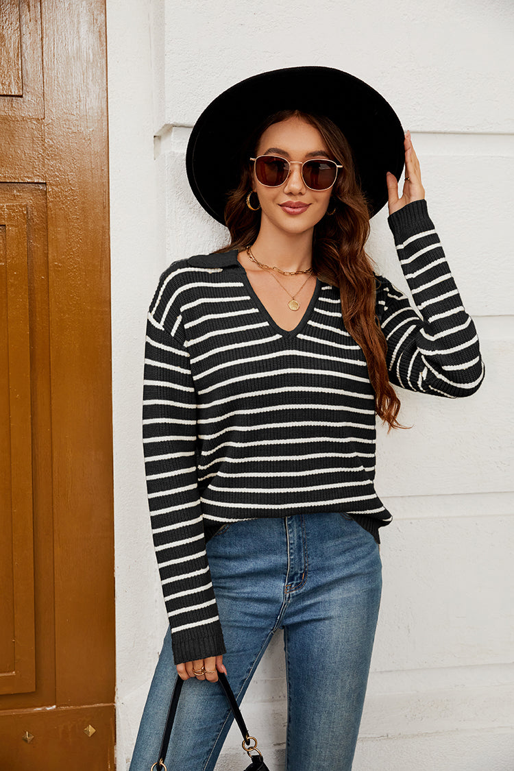 WQD Sweaters for Women Striped V Neck Collared Lightweight Knit Pullover Long Sleeve Casual Sweater for Spring Fall Winter
