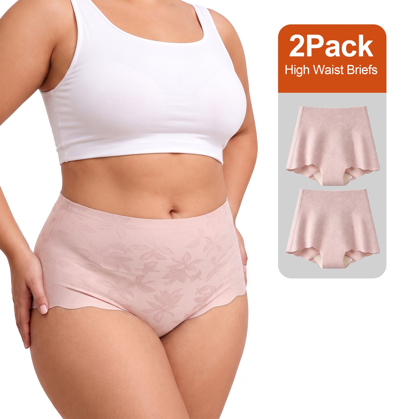 WQD 2 Pack Women's High Waisted Seamless Panties Tummy Control Full Coverage No Show Underwear Soft Stretch Breathable Invisible Briefs Floral Jacquard Everyday Panties M-4XL Plus Size