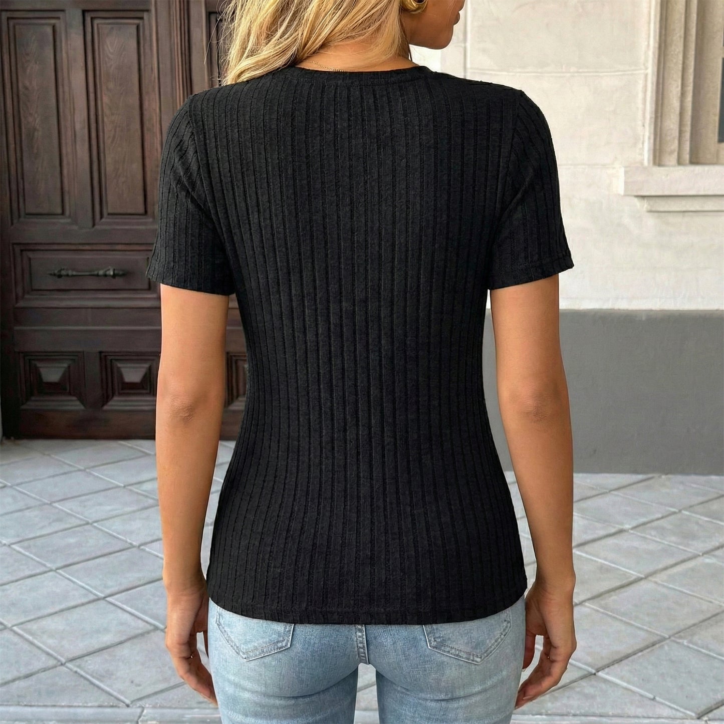 WQD Womens Summer Short Sleeve V Neck Tops Casual Tunic Shirts Button Detail Loose Fit T Shirts for Work Daily Wear Vacation