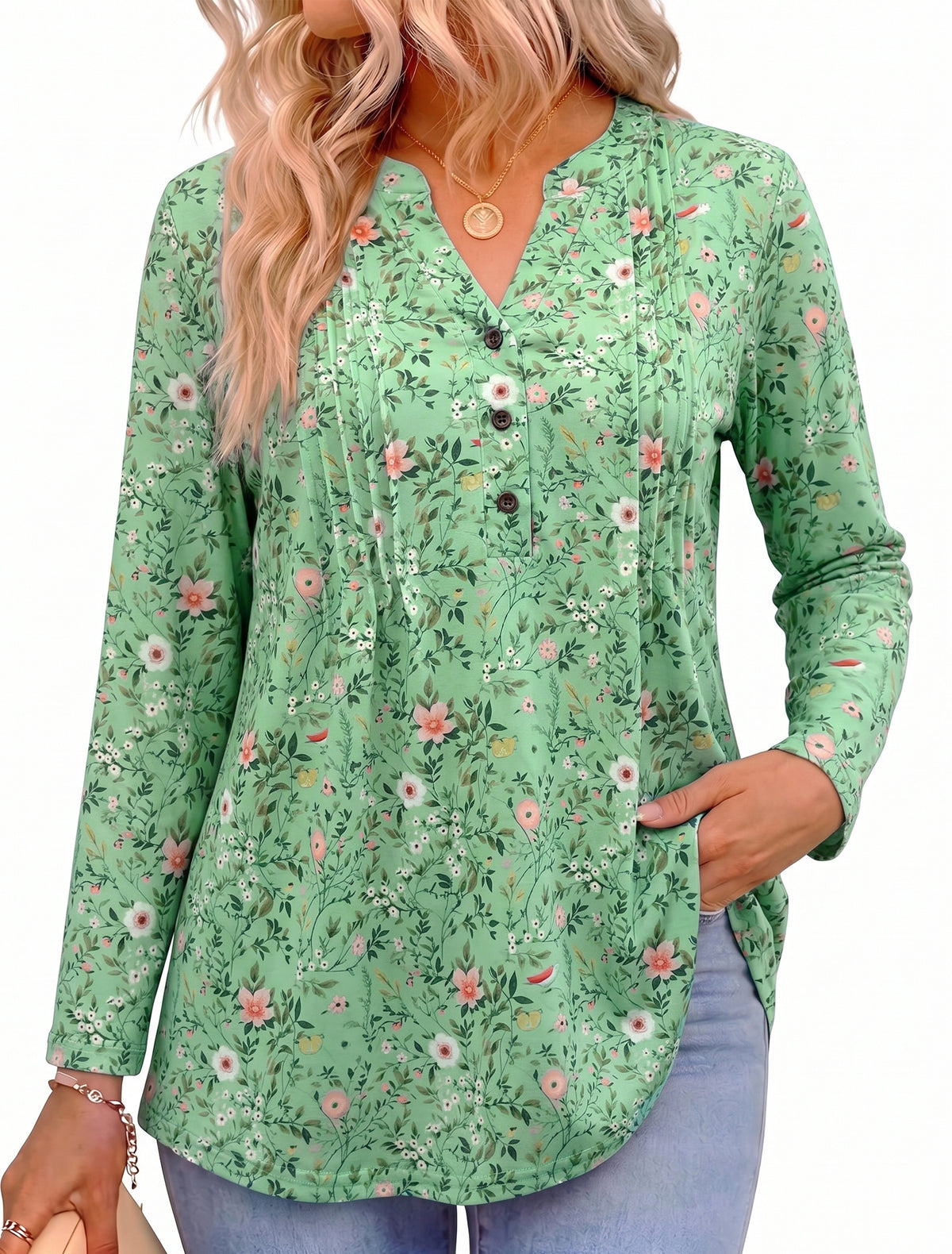 Women's Long Sleeve Tunic Tops Floral Pintuck Blouses Popover Shirts Dressy Casual Tops for Leggings Spring Fall Available in Sizes S-4XL