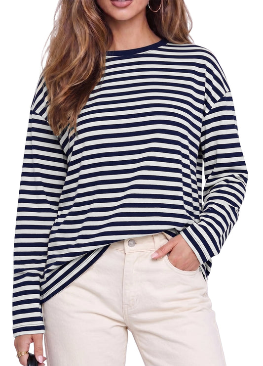 Long Sleeve Shirts for Women Striped Crewneck Oversized T Shirt Casual Pullover Top for Spring, Fall and Winter
