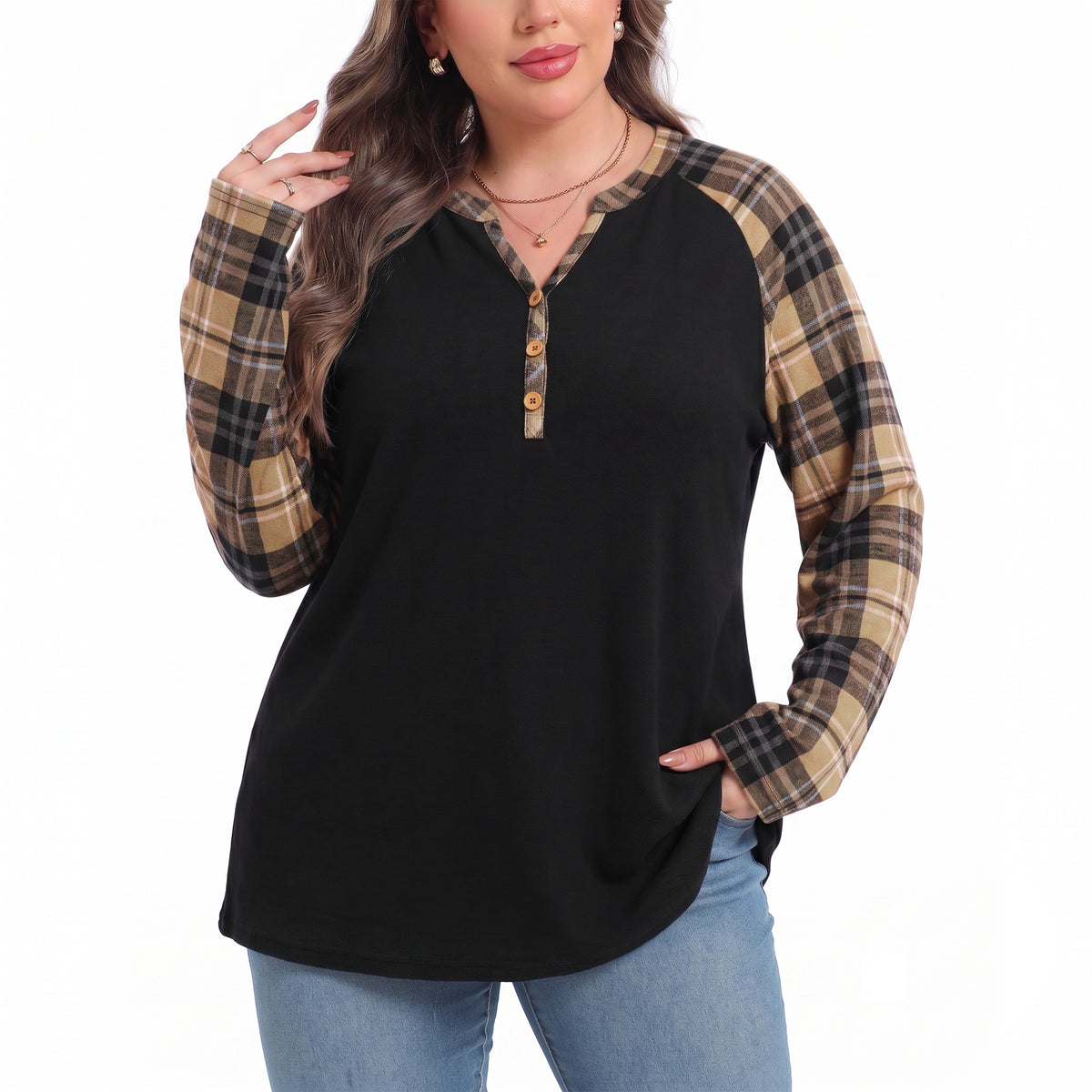 WQD Women's Long Sleeve Tops Plaid Raglan Sleeve Henley Tunic Shirt V Neck Button Casual Top for Spring Fall Winter