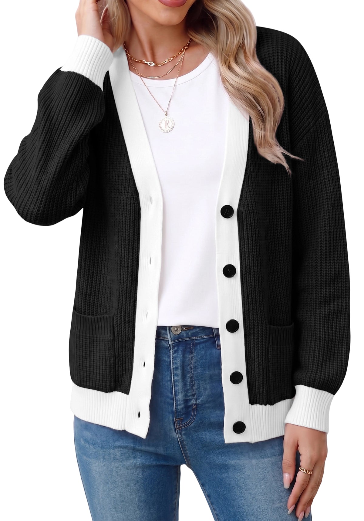 WQD Cardigan Sweaters for Women Button up Long Sleeve Knit Cardigan with Contrast Trim and Pockets for Spring Fall Winter