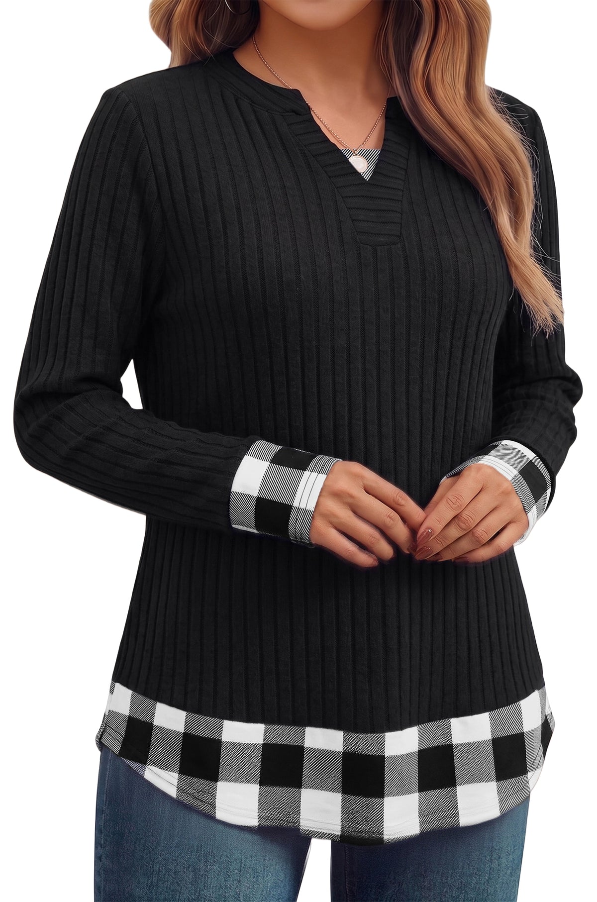 Long Sleeve Shirts for Women Casual V Neck Plaid Fake Two Piece Tops Lightweight Knit Tops Plus Size S-4XL