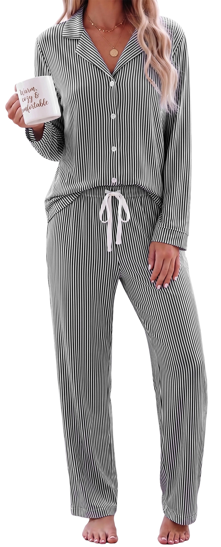 WQD Pajamas for Women Set 2 Piece Long Sleeve Button Down Top with Wide Leg Pants Soft Striped Loungewear Sleepwear with Pockets