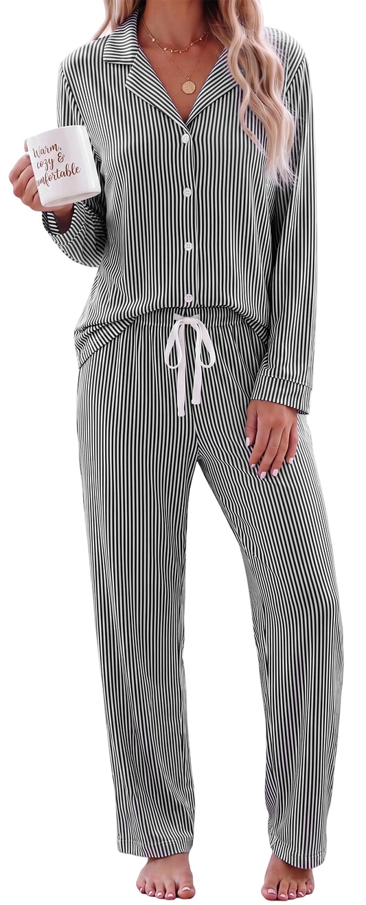 WQD Pajamas for Women Set 2 Piece Long Sleeve Button Down Top with Wide Leg Pants Soft Striped Loungewear Sleepwear with Pockets
