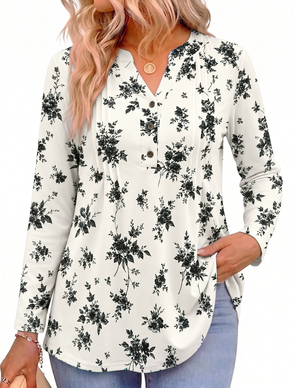 Women's Long Sleeve Tunic Tops Floral Pintuck Blouses Popover Shirts Dressy Casual Tops for Leggings Spring Fall Available in Sizes S-4XL
