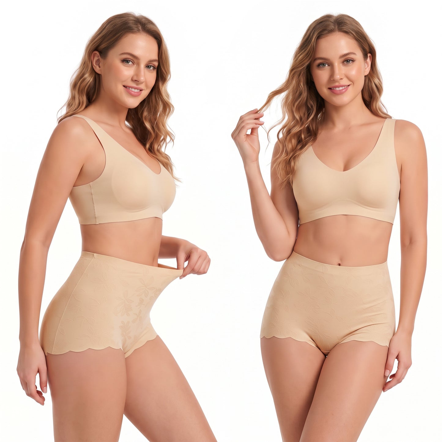 WQD 2 Pack Women's High Waisted Seamless Panties Tummy Control Full Coverage No Show Underwear Soft Stretch Breathable Invisible Briefs Floral Jacquard Everyday Panties M-4XL Plus Size