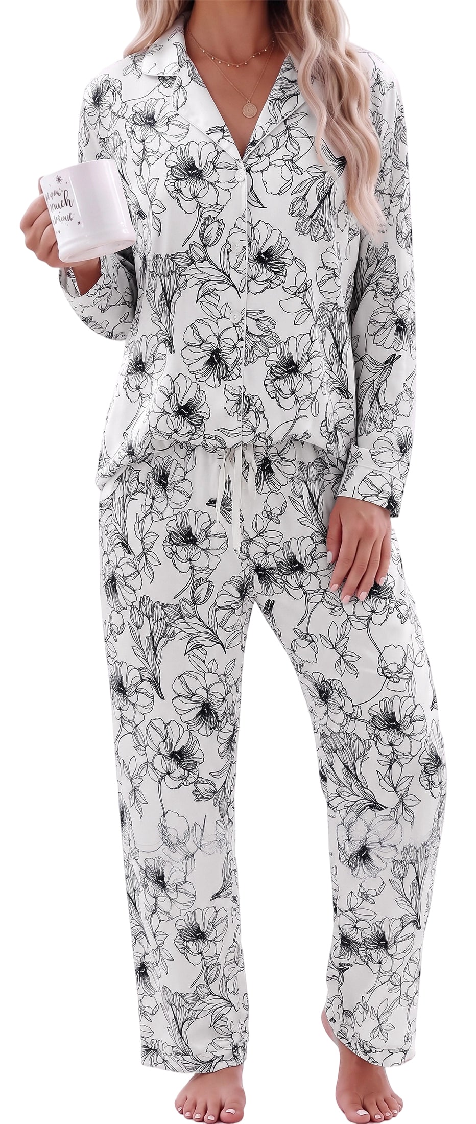 Women's Pajama Sets 2 Piece Pajama Set for Women Long Sleeve Button Front Sleepwear with Wide Leg Pajama Pants Soft Comfy Pajamas with Pockets