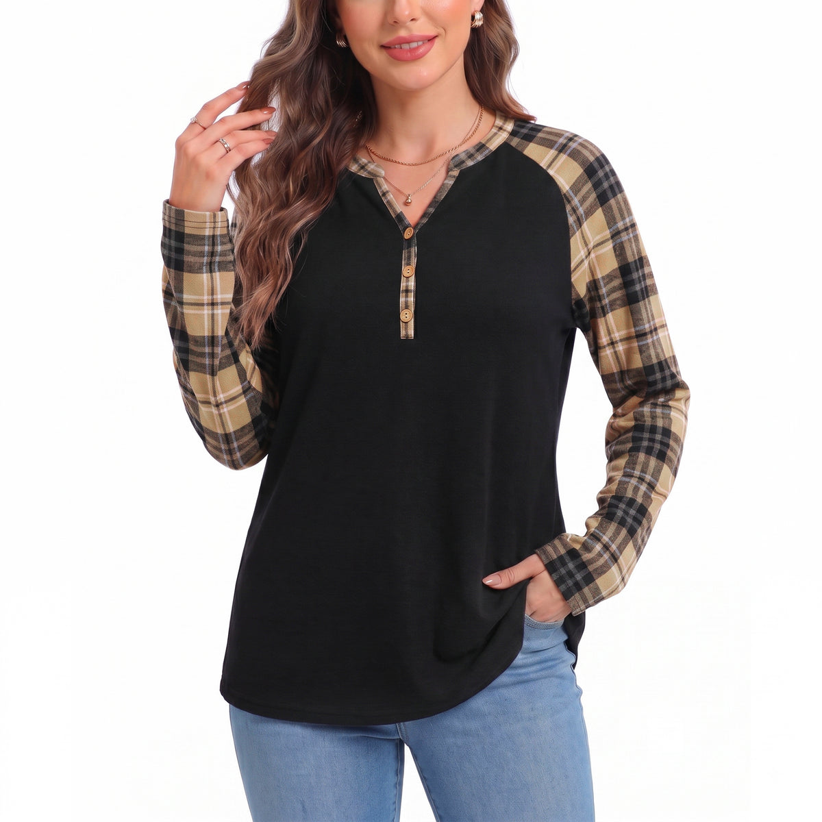 WQD Women's Long Sleeve Tops Plaid Raglan Sleeve Henley Tunic Shirt V Neck Button Casual Top for Spring Fall Winter