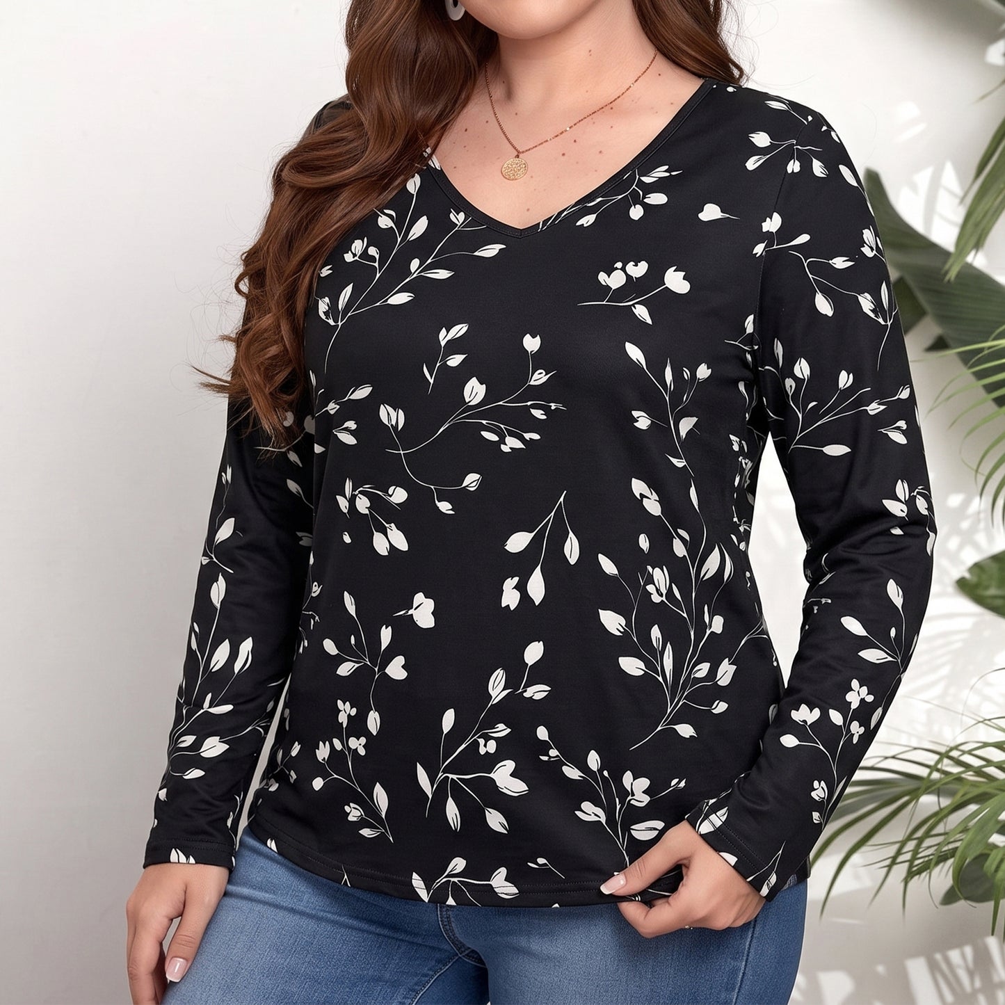 WQD Women's Long Sleeve Floral Tops V Neck Casual Tunic Shirts Lightweight Everyday Tops for Spring Fall Winter Including Plus Size