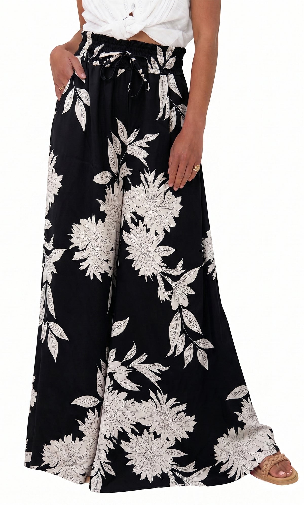 WQD Women's Wide Leg Pants Casual Elastic Waist Printed Palazzo Pants with Pockets Flowy Loose Trousers for Vacation Beach Travel