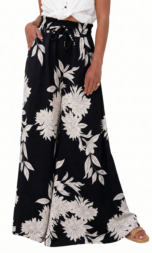WQD Women's Wide Leg Pants Casual Elastic Waist Printed Palazzo Pants with Pockets Flowy Loose Trousers for Vacation Beach Travel