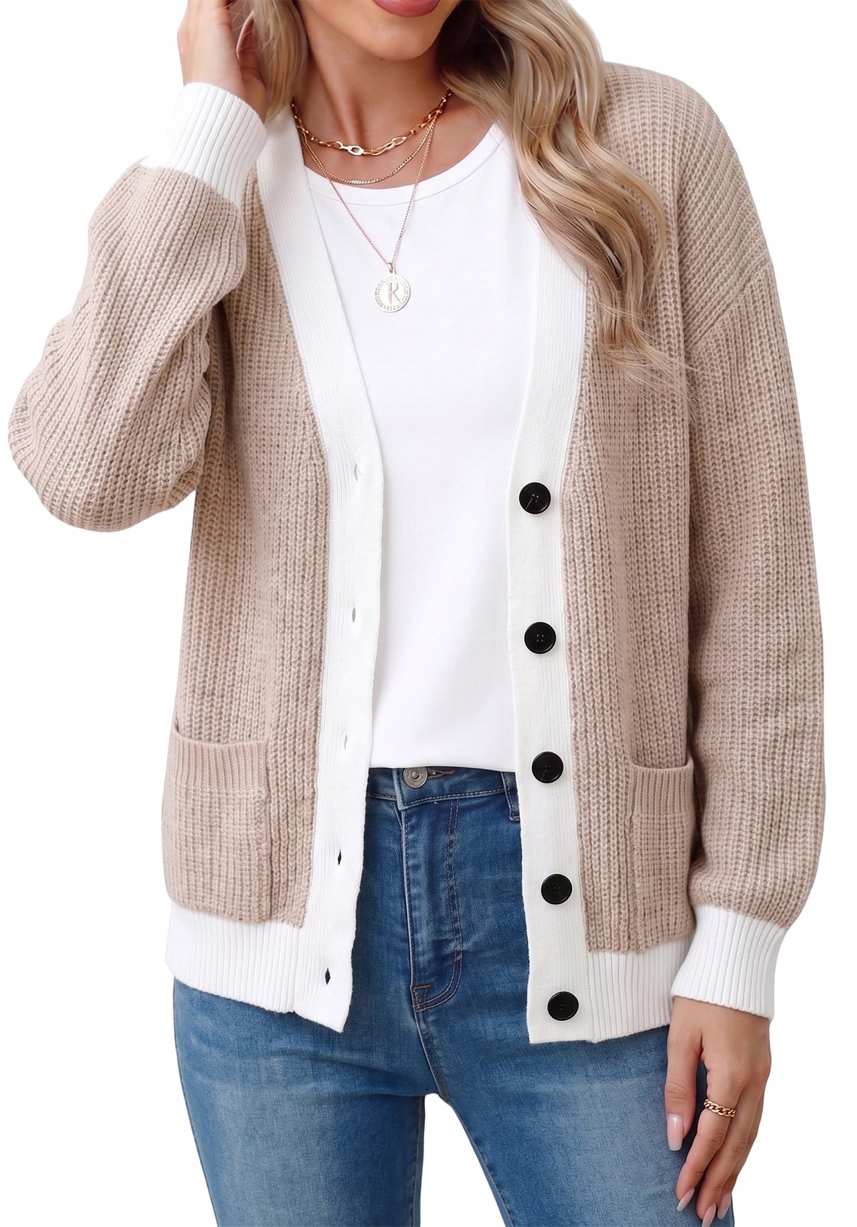 WQD Cardigan Sweaters for Women Button up Long Sleeve Knit Cardigan with Contrast Trim and Pockets for Spring Fall Winter