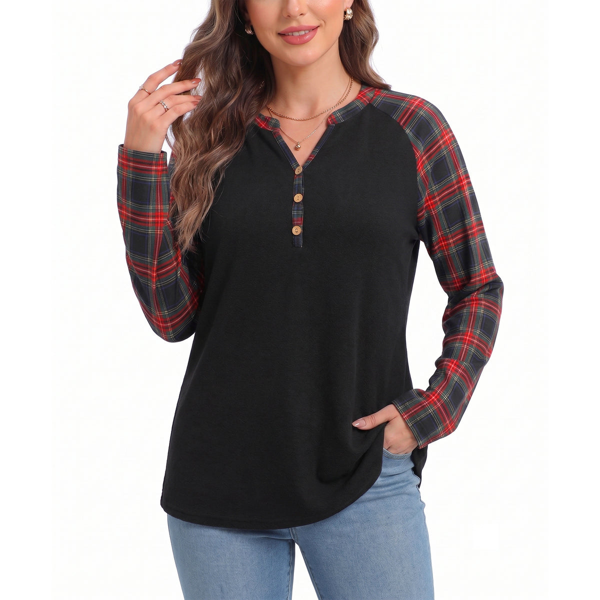 WQD Women's Long Sleeve Tops Plaid Raglan Sleeve Henley Tunic Shirt V Neck Button Casual Top for Spring Fall Winter