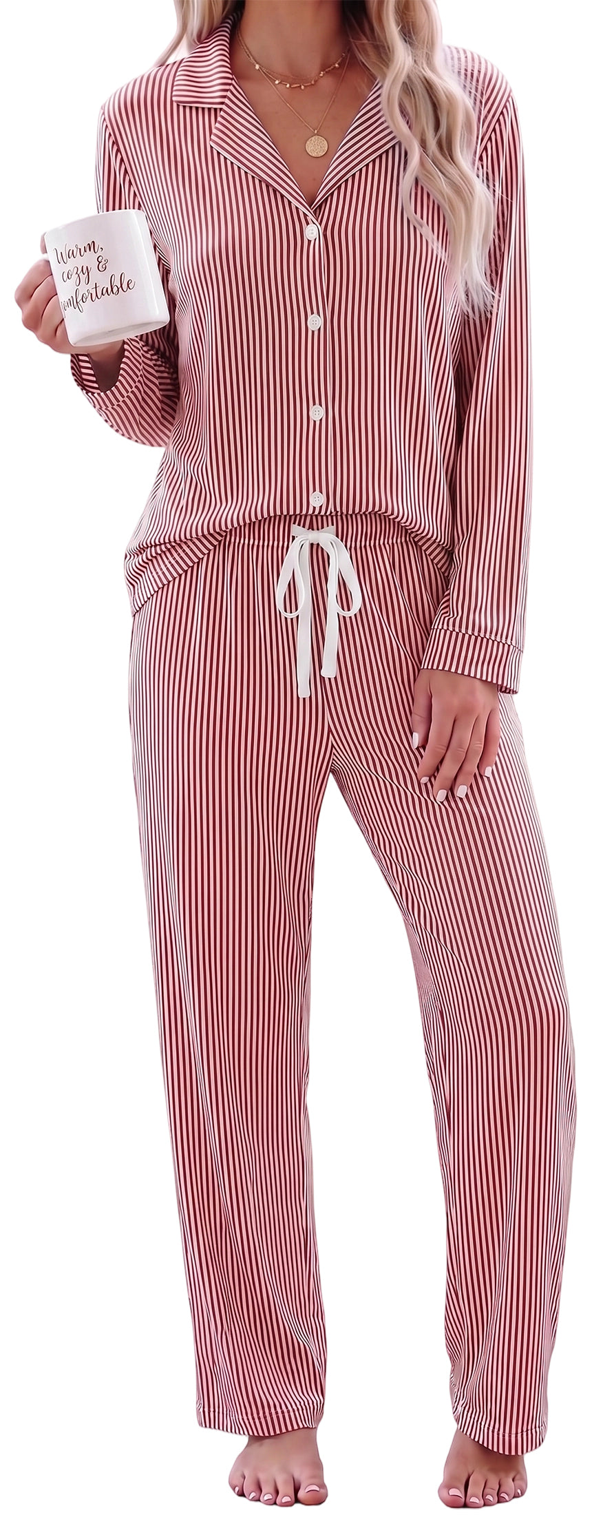 WQD Pajamas for Women Set 2 Piece Long Sleeve Button Down Top with Wide Leg Pants Soft Striped Loungewear Sleepwear with Pockets