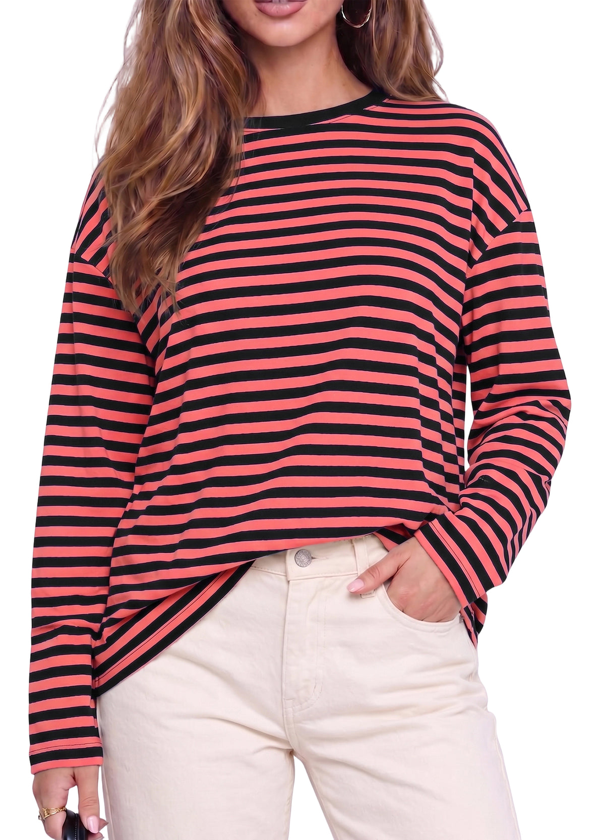 Long Sleeve Shirts for Women Striped Crewneck Oversized T Shirt Casual Pullover Top for Spring, Fall and Winter