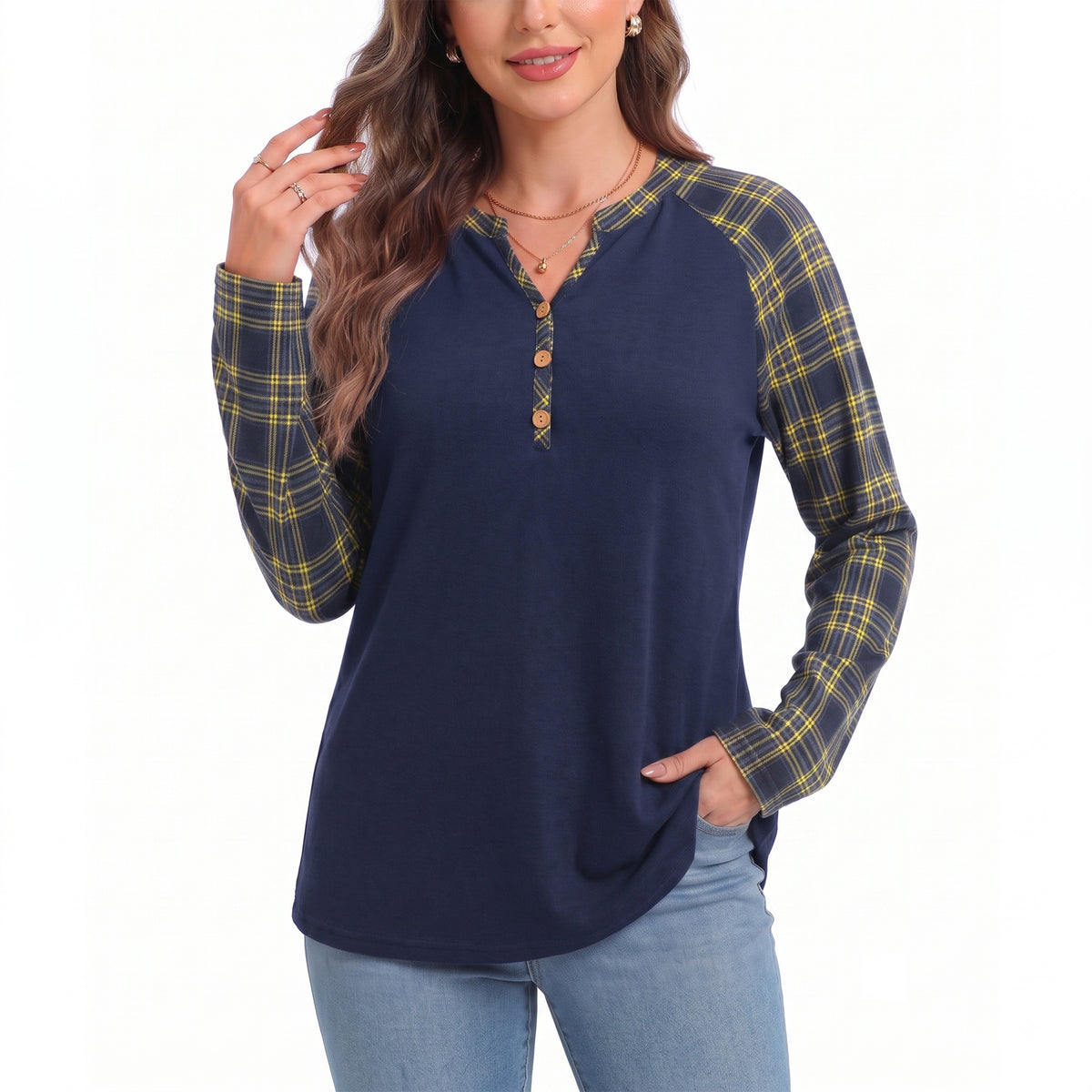 WQD Women's Long Sleeve Tops Plaid Raglan Sleeve Henley Tunic Shirt V Neck Button Casual Top for Spring Fall Winter
