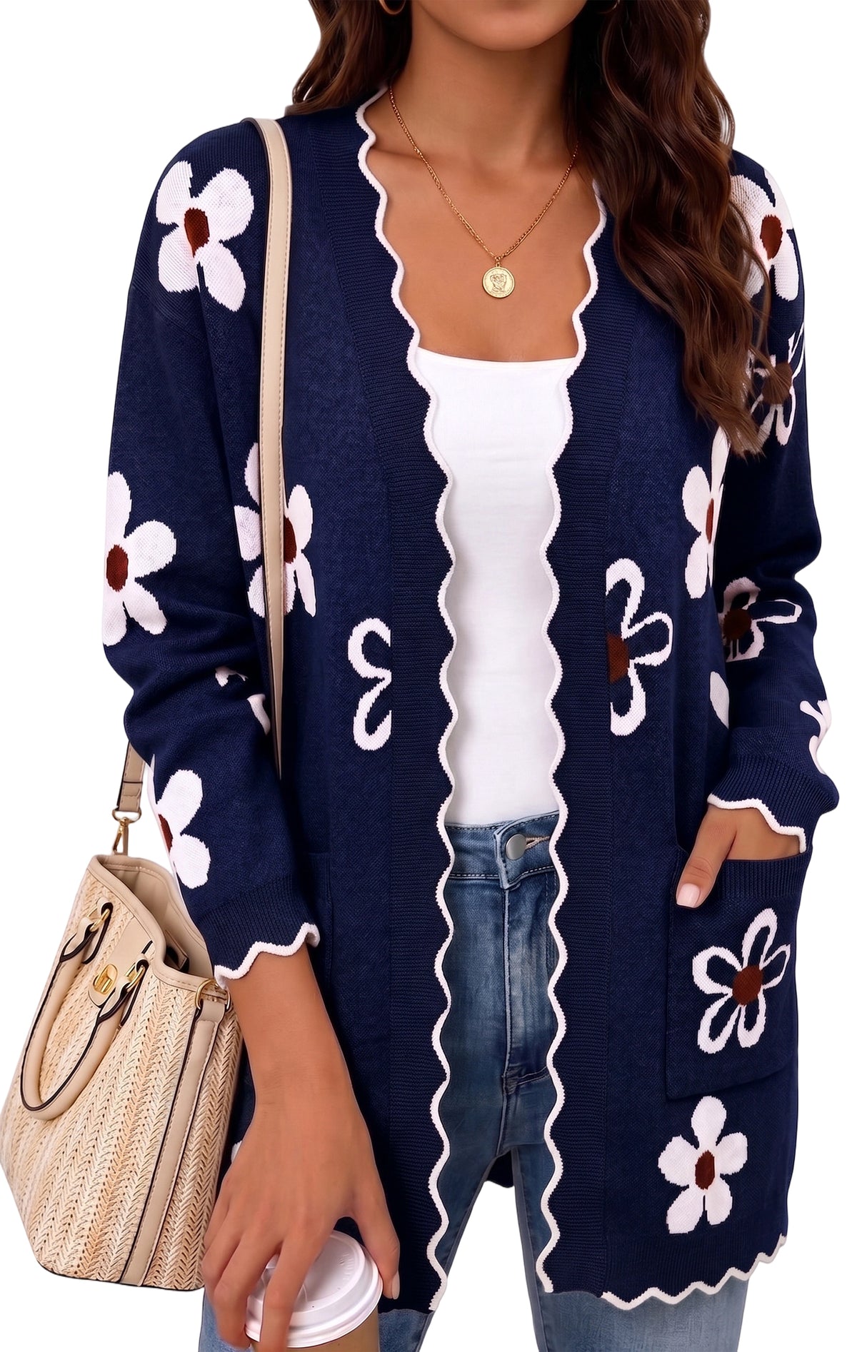 WQD Cardigans for Women Floral Knit Cardigan Long Sleeve Open Front Sweater with Pockets Casual Layering Jacket for Spring Fall Winter