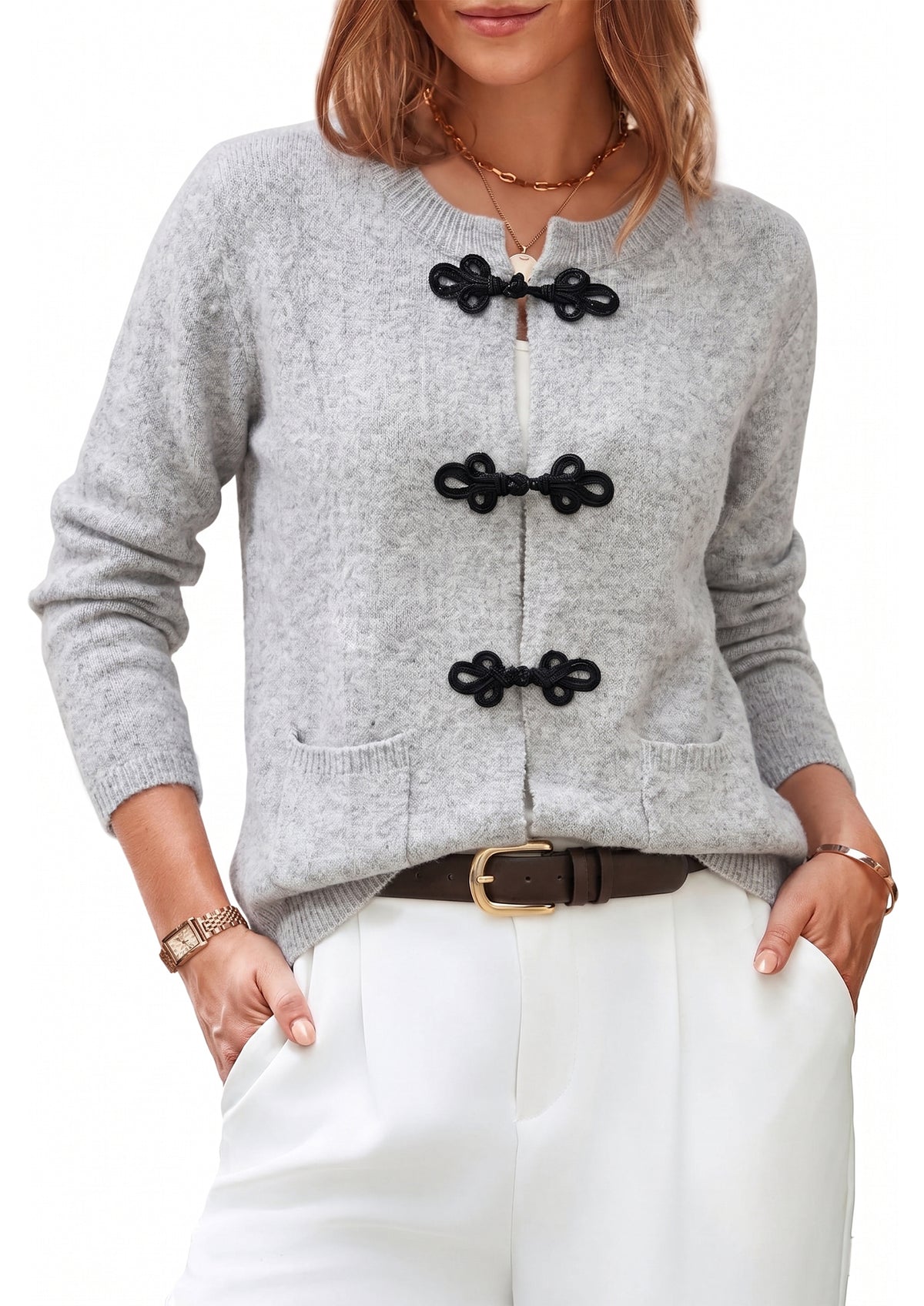 WQD Women's Cardigan Sweaters for Women Lightweight Knit Cardigan Long Sleeve Sweater Jacket with Chinese Frog Button and Pockets for Casual Fall Winter Wear