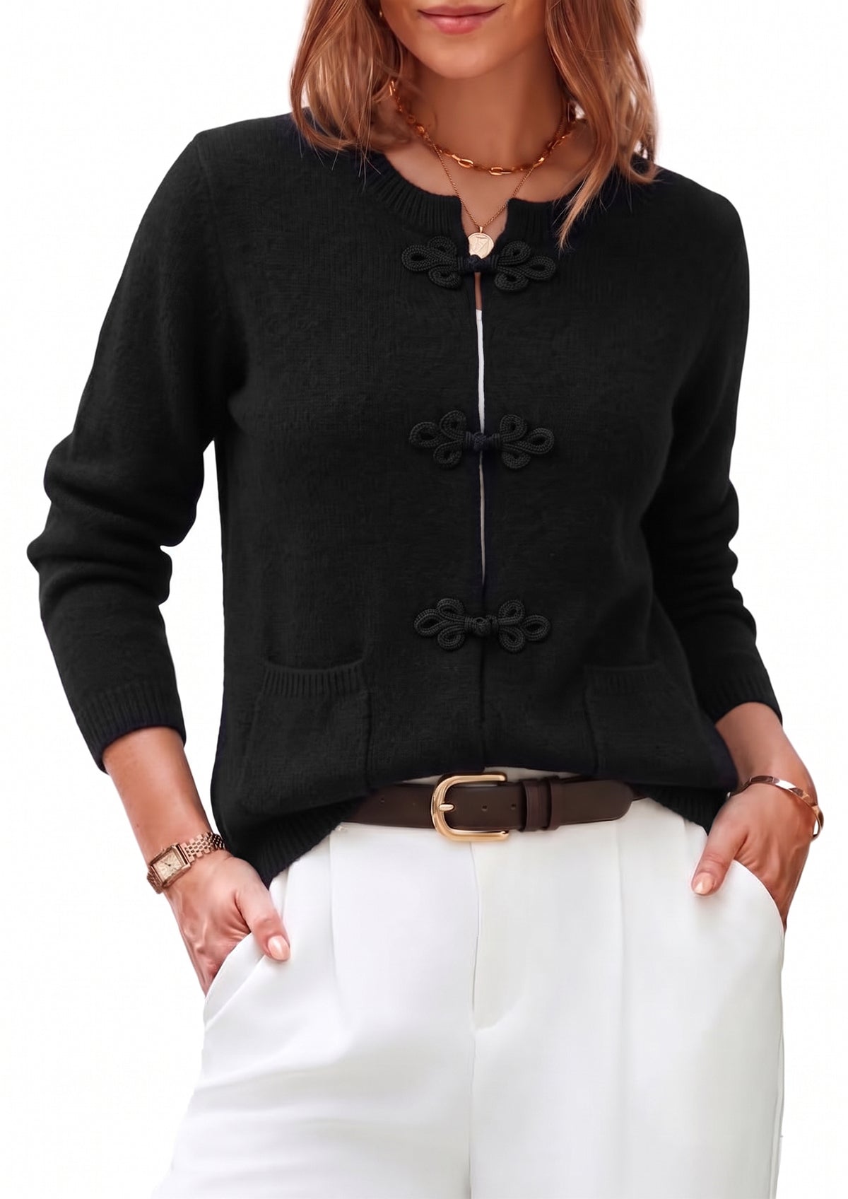 WQD Women's Cardigan Sweaters for Women Lightweight Knit Cardigan Long Sleeve Sweater Jacket with Chinese Frog Button and Pockets for Casual Fall Winter Wear