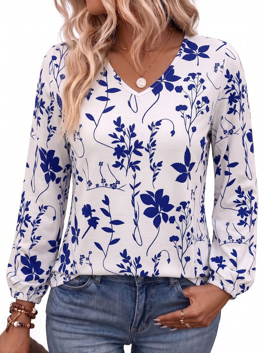 Women's Long Sleeve Floral Blouses V Neck Casual Tops Lightweight Printed Shirts for Spring Fall Winter Available in Plus Size