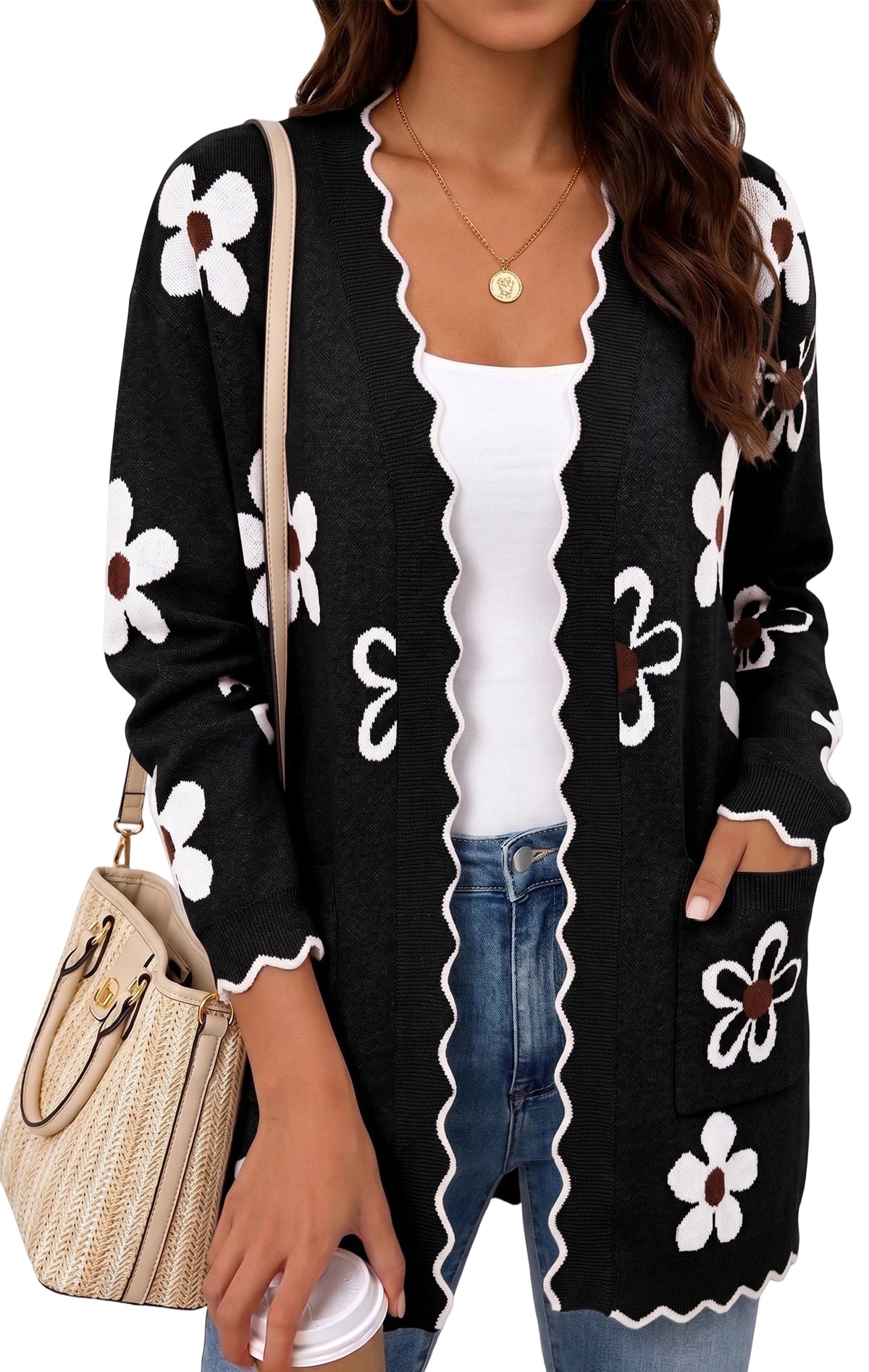 WQD Cardigans for Women Floral Knit Cardigan Long Sleeve Open Front Sweater with Pockets Casual Layering Jacket for Spring Fall Winter