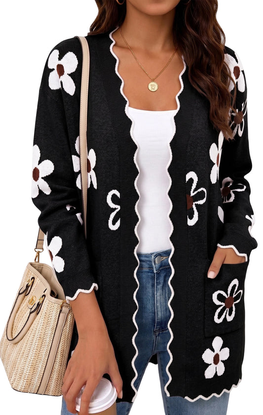 WQD Cardigans for Women Floral Knit Cardigan Long Sleeve Open Front Sweater with Pockets Casual Layering Jacket for Spring Fall Winter