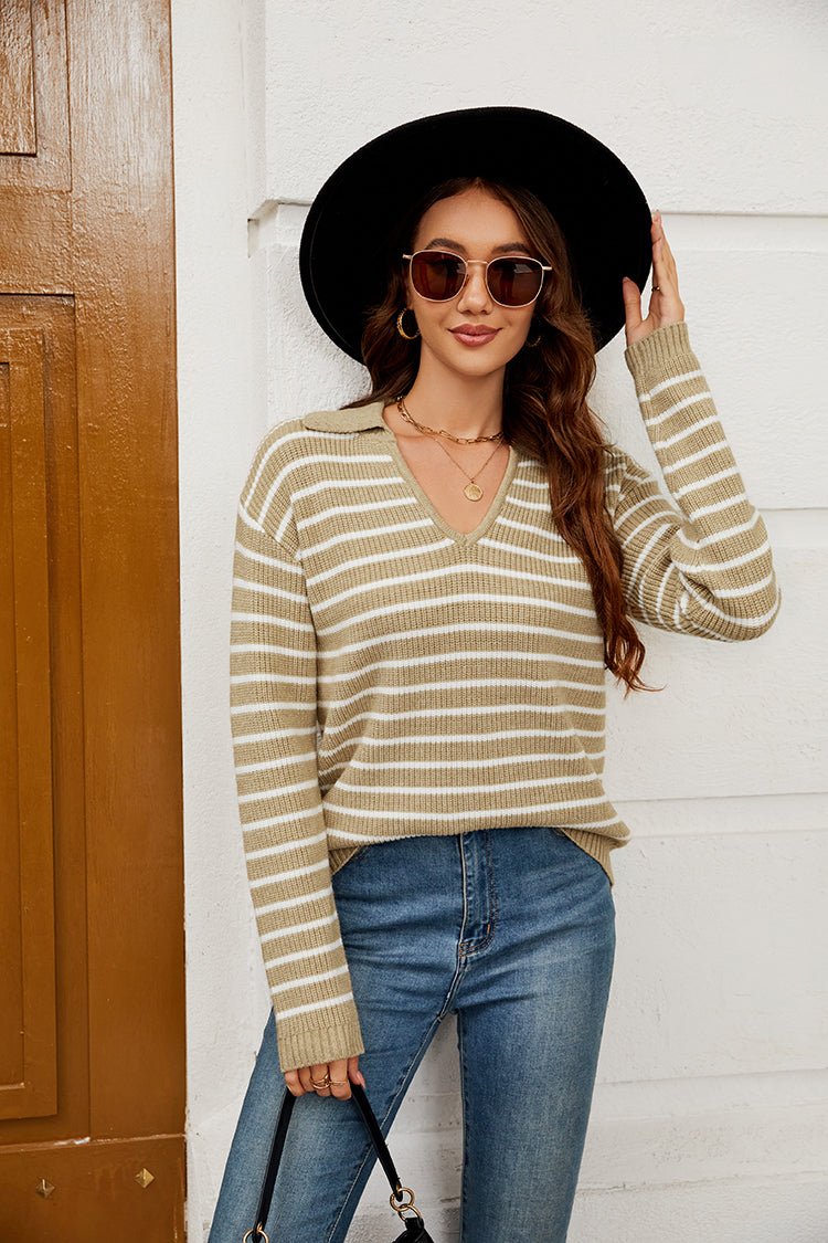 WQD Sweaters for Women Striped V Neck Collared Lightweight Knit Pullover Long Sleeve Casual Sweater for Spring Fall Winter