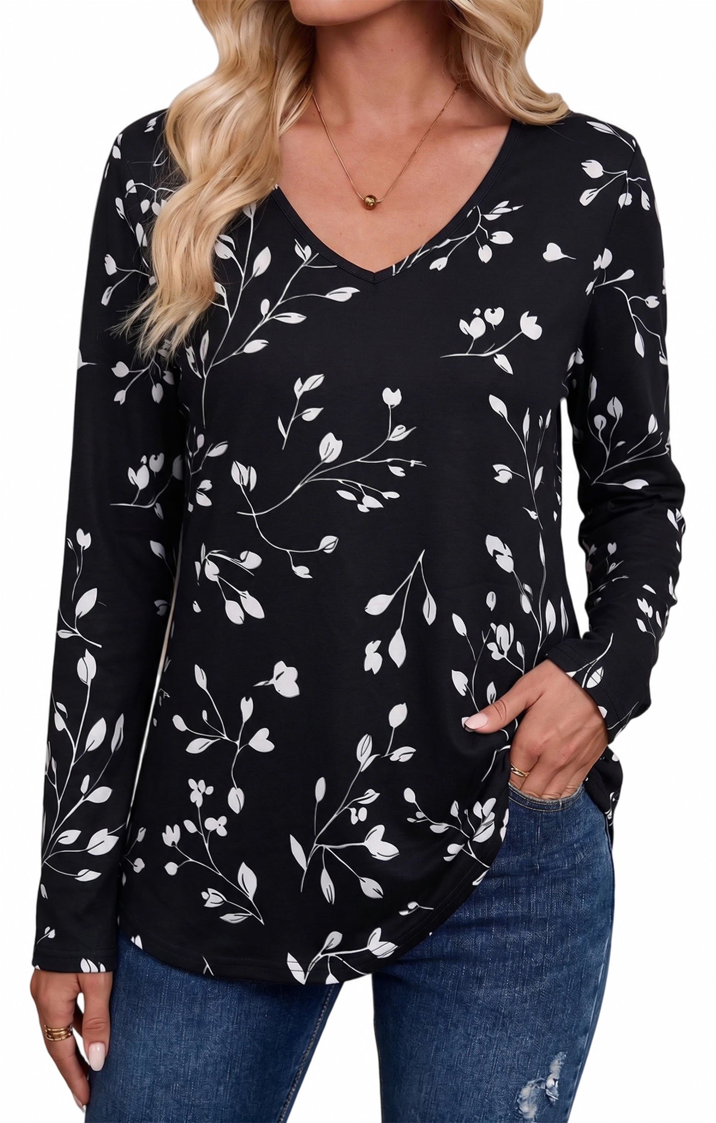 WQD Women's Long Sleeve Floral Tops V Neck Casual Tunic Shirts Lightweight Everyday Tops for Spring Fall Winter Including Plus Size