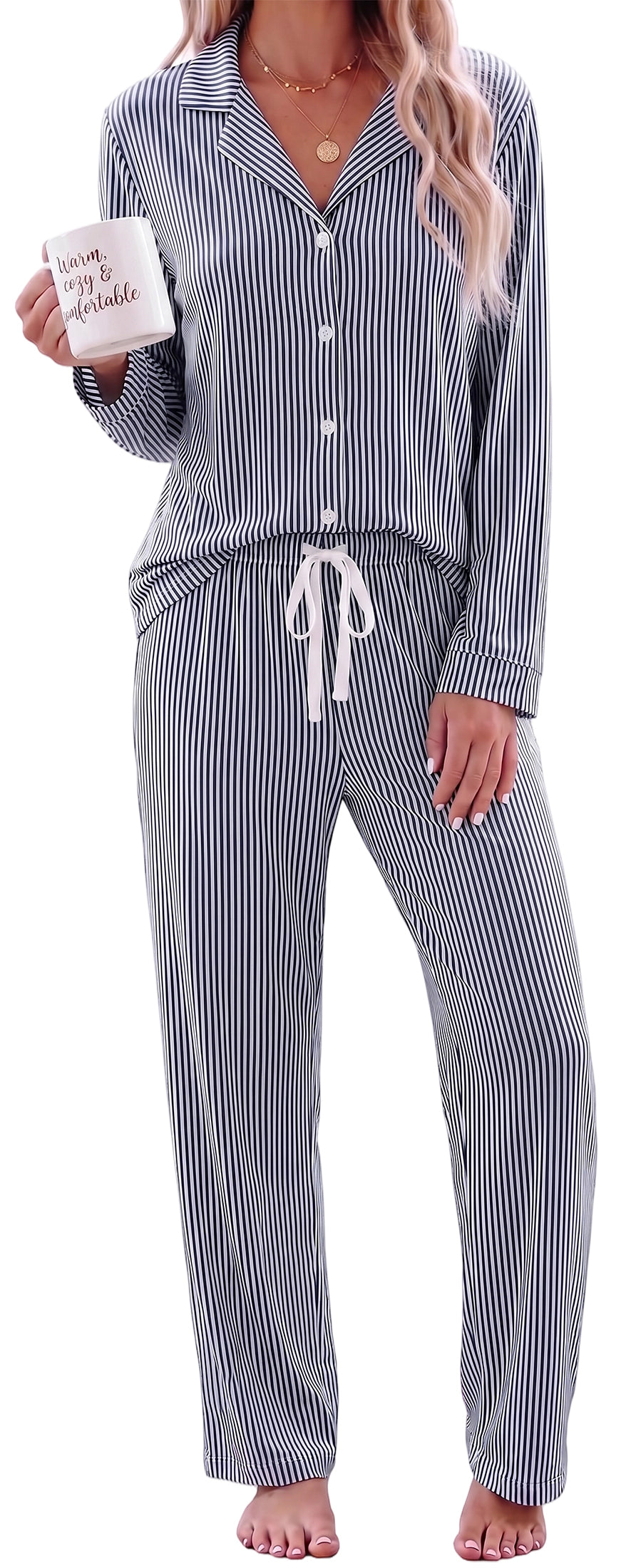 WQD Pajamas for Women Set 2 Piece Long Sleeve Button Down Top with Wide Leg Pants Soft Striped Loungewear Sleepwear with Pockets
