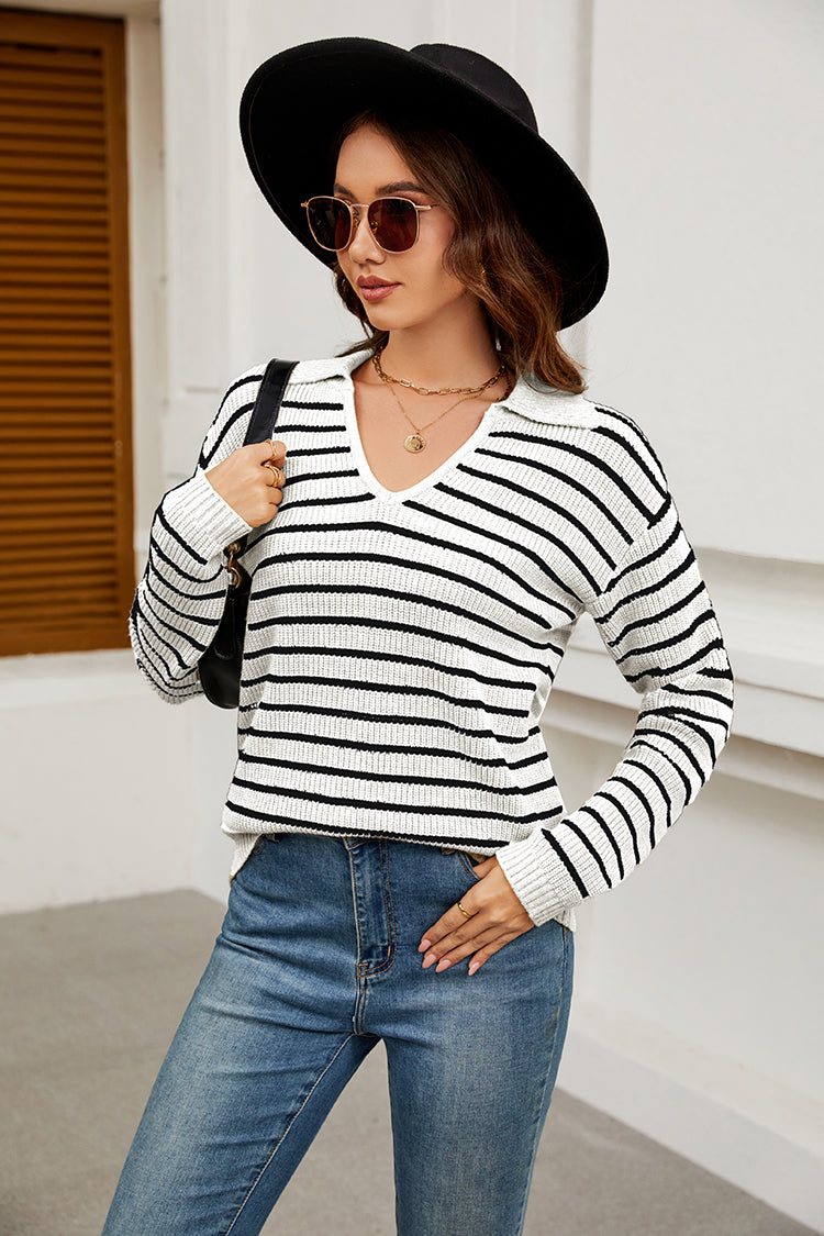 WQD Sweaters for Women Striped V Neck Collared Lightweight Knit Pullover Long Sleeve Casual Sweater for Spring Fall Winter