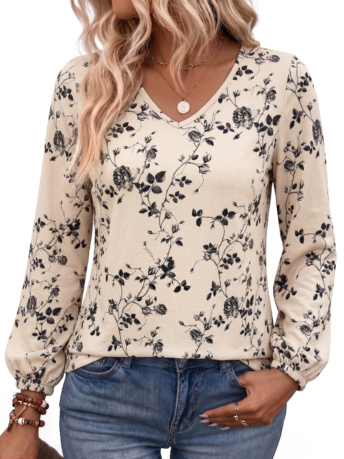 Women's Long Sleeve Floral Blouses V Neck Casual Tops Lightweight Printed Shirts for Spring Fall Winter Available in Plus Size