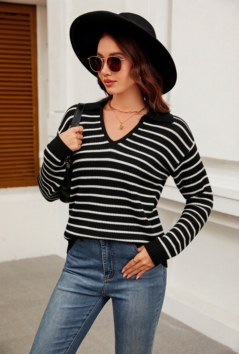 WQD Sweaters for Women Striped V Neck Collared Lightweight Knit Pullover Long Sleeve Casual Sweater for Spring Fall Winter