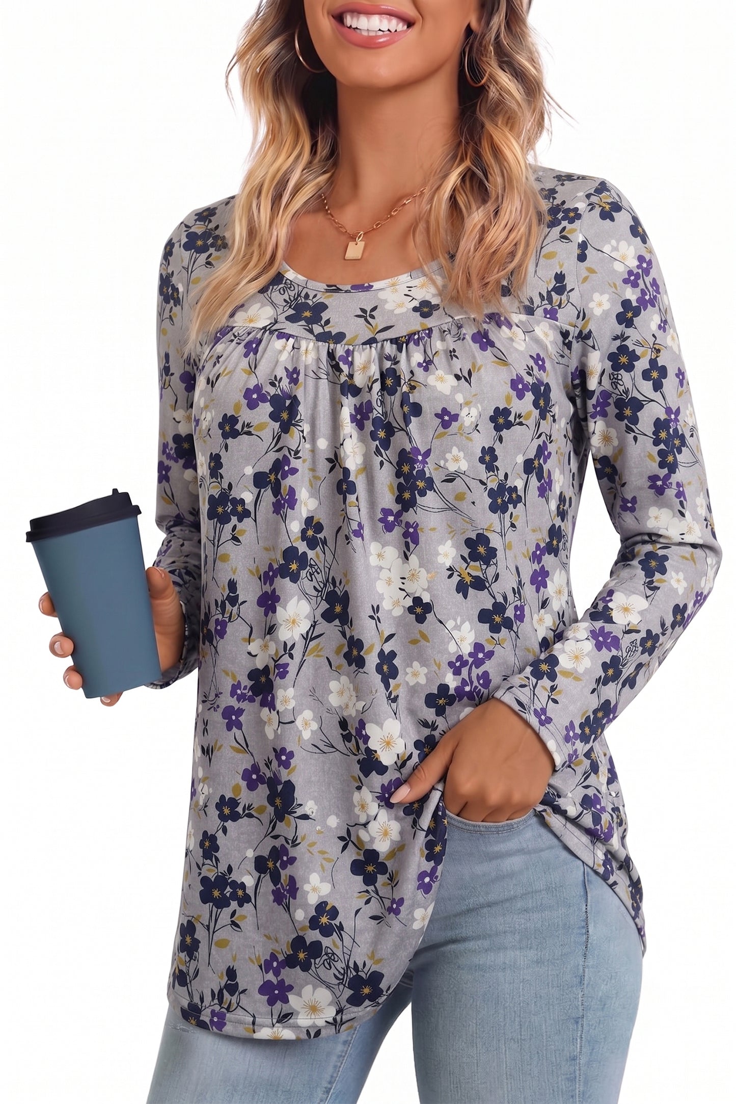 WQD Women's Long Sleeve Tunic Tops Floral Print Casual Crew Neck Pleated Blouse Loose Fit Flowy Shirts Dressy Casual Tops for Leggings S-4XL Plus Size