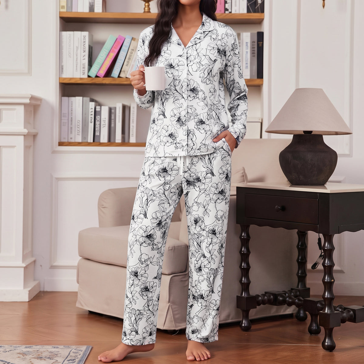 Women's Pajama Sets 2 Piece Pajama Set for Women Long Sleeve Button Front Sleepwear with Wide Leg Pajama Pants Soft Comfy Pajamas with Pockets