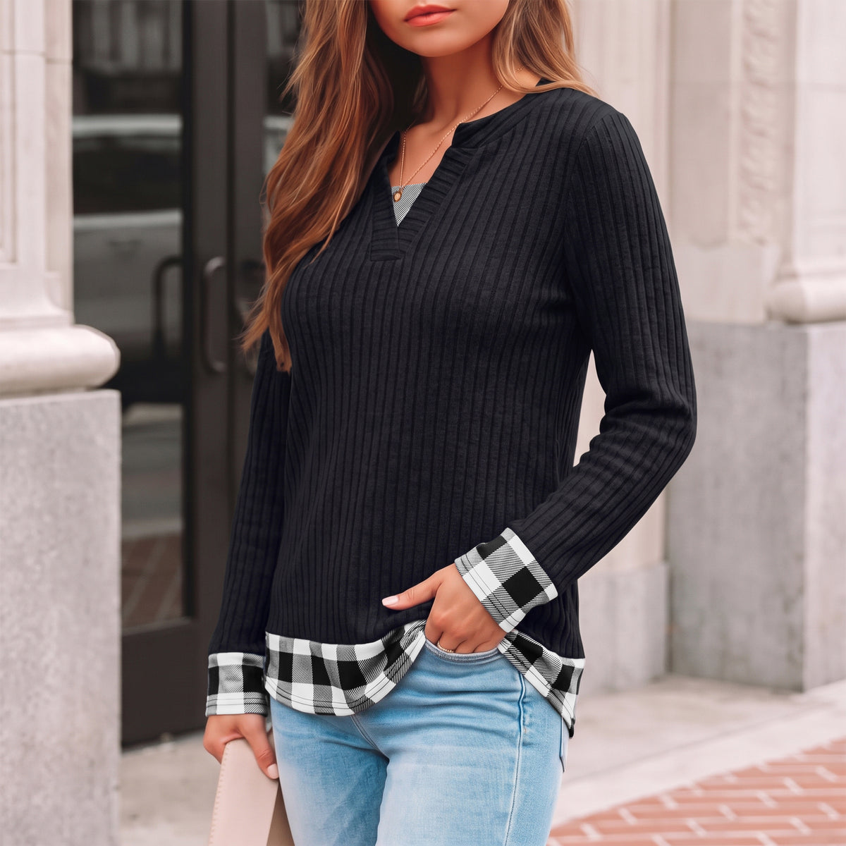 Long Sleeve Shirts for Women Casual V Neck Plaid Fake Two Piece Tops Lightweight Knit Tops Plus Size S-4XL