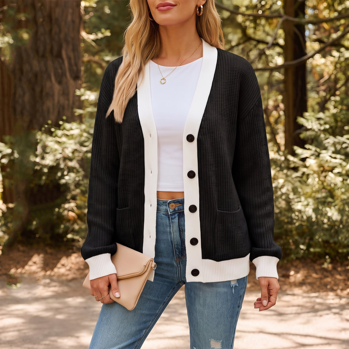 WQD Cardigan Sweaters for Women Button up Long Sleeve Knit Cardigan with Contrast Trim and Pockets for Spring Fall Winter