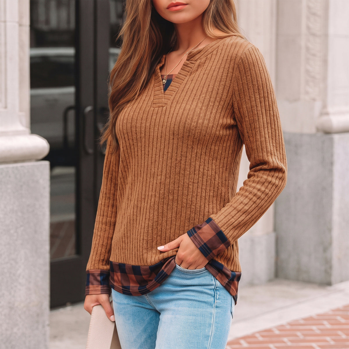 Long Sleeve Shirts for Women Casual V Neck Plaid Fake Two Piece Tops Lightweight Knit Tops Plus Size S-4XL