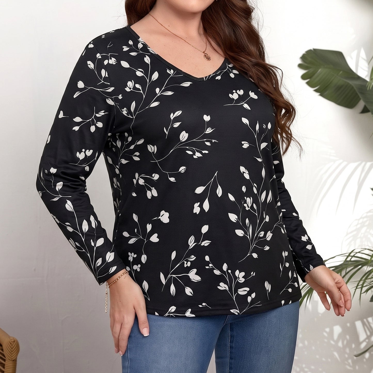 WQD Women's Long Sleeve Floral Tops V Neck Casual Tunic Shirts Lightweight Everyday Tops for Spring Fall Winter Including Plus Size
